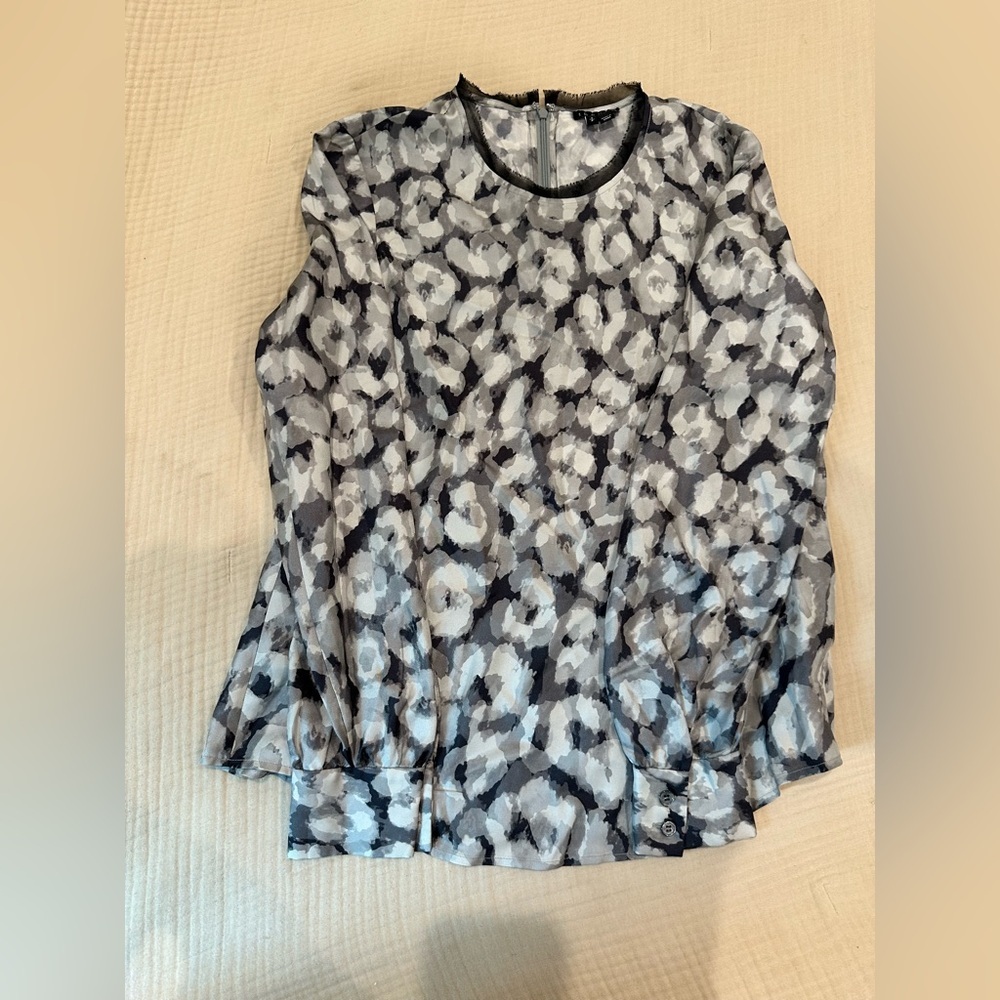 Theory Black and Gray Abstract Floral Silk Blouse